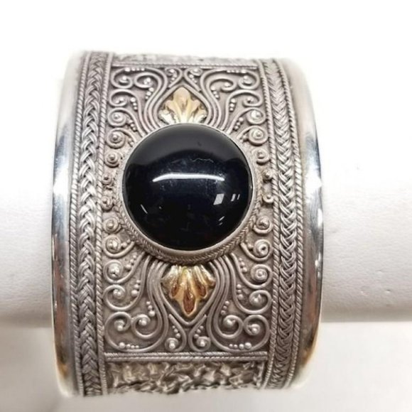 Vintage Sterling Silver 925 Onyx Embossed Cuff Bracelet with Gold Filled Decals
